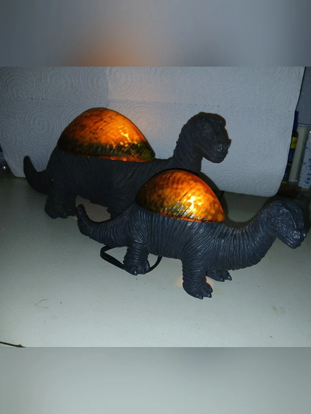 Vintage 1990's Cheyenne Dinosaur Lamps with Amber-Green Glass Shade